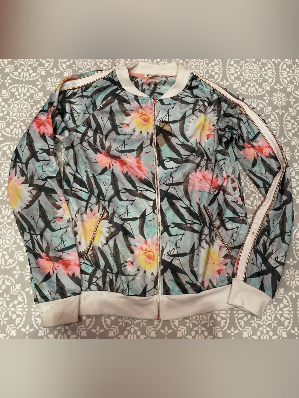 Art Class Girls Floral Print Bomber Jacket Size XL (14/16) Aqua Pink Yellow